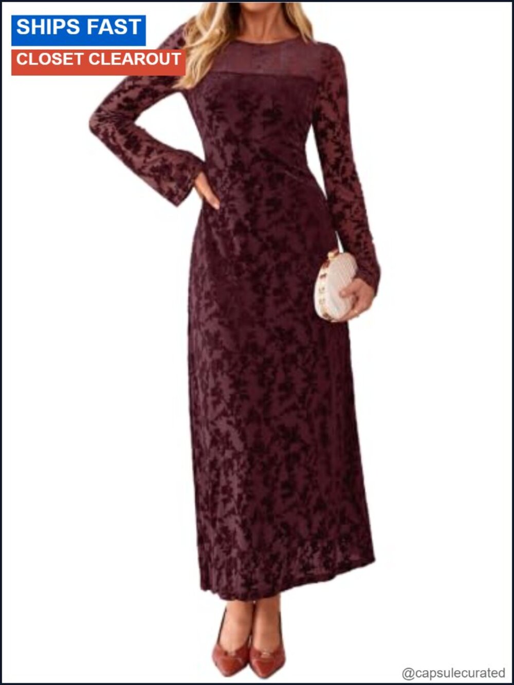 Simplee Womens Burnout Velvet Long Sleeve Formal Wedding Guest Maxi Dress